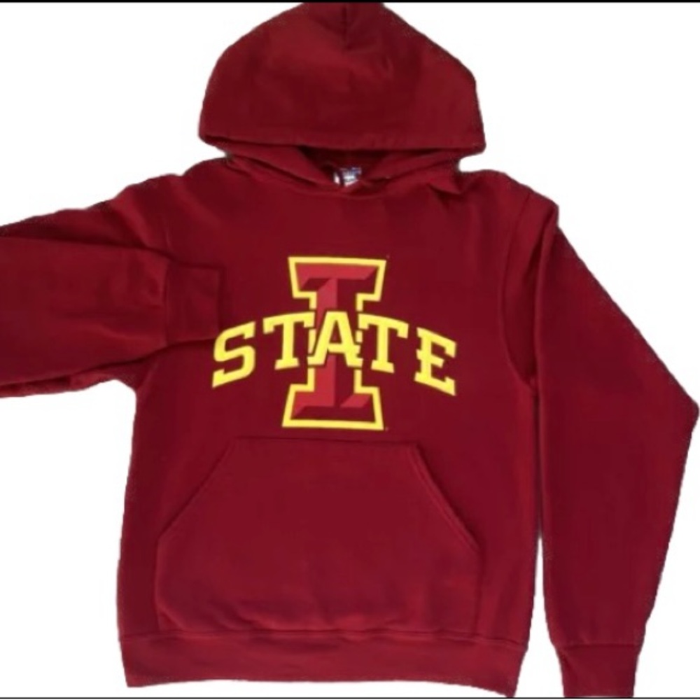 IOWA STATE CYCLONES red & GOLD STATE Logo hooded JERZEES sweatshirt size: S/M